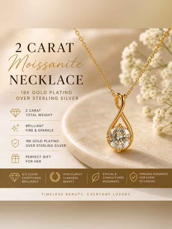 Jewelry - Certified 2 Carat Moissanite 18k Gold Plated Over Sterling Silver Necklace